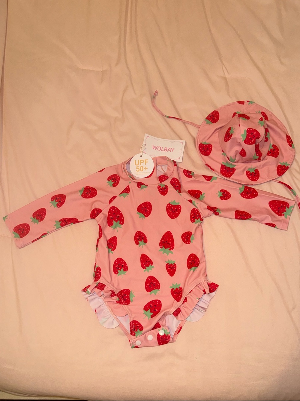 Wolbay Pink Strawberry Girls UPF 50+ One-Piece Swimsuit with Matching Hat